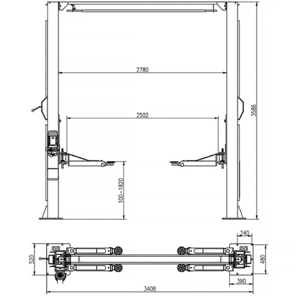 Подъемник электрогидравлический 4т 100-1820мм 2-х стоечный 220В верх. синхрон.(механ. с 1 кол) GTE