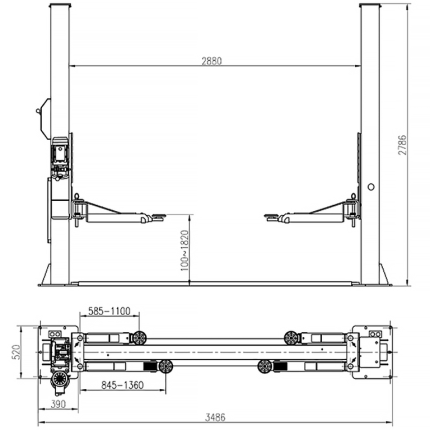 Подъемник электрогидравлический 4т 100-1820мм 2-х стоечный 380В ниж.синхрон.(механ. с 1 колонны) GTE