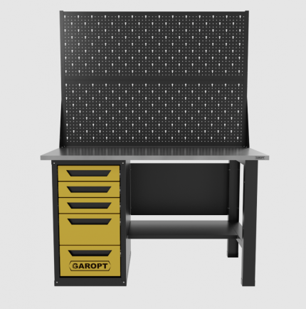 Верстак однотумбовый 5 ящиков с двумя экранами, желтый 1400*700 Garopt, GT1400STY5PP2.yell