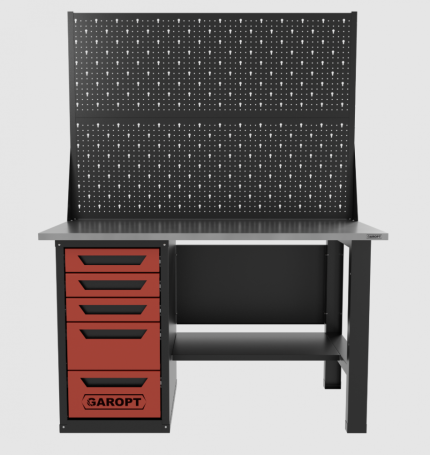 Верстак однотумбовый 5 ящиков с двумя экранами, красный 1400*700 Garopt, GT1400STY5PP2.red