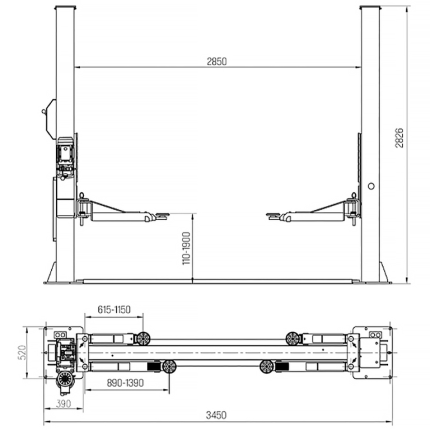 Подъемник электрогидравлический 4т 110-1900мм 2-х стоечный 380В ниж.синхрон. (руч. спуск) GTE
