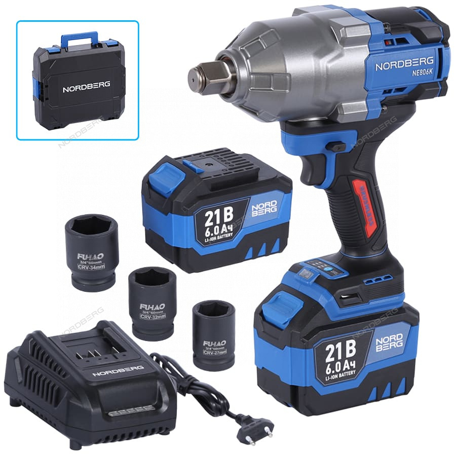 fklyg7l3rre3xjulokotliky7w82si20 Гайковерт аккумуляторный, 3/4", 21 В, 1500 Нм, 2 аккумулятора 6 A и зарядное устройство, в кейсе NORDBERG NE806K-3/4 — изображение 1