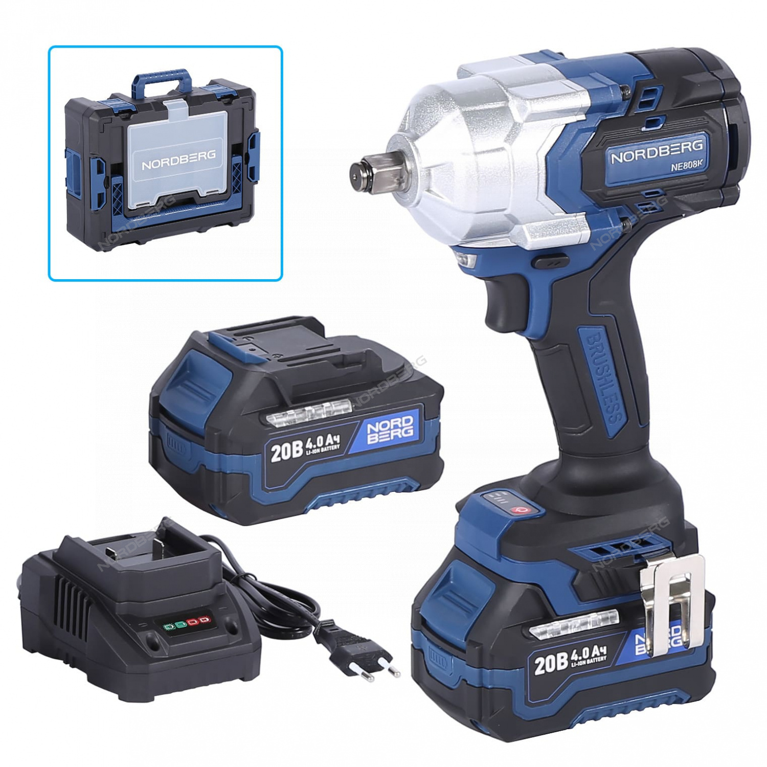 hhd1pcndai7teb1ct1sd3f9apdo7zvnl Гайковерт аккумуляторный, 1/2", 20 В, 1000 Нм, 2 аккумулятора 4 A и зарядное устройство, в кейсе NORDBERG NE808K — изображение 1