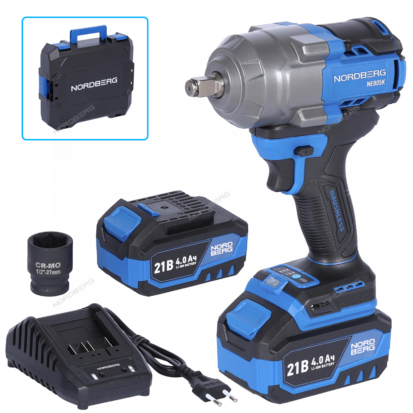 lpwv3hp7hrn1vtyzqa3a8wg17s0llv29 Гайковерт аккумуляторный, 1/2", 21 В, 1000 Нм, 2 аккумулятора 4 A и зарядное устройство, в кейсе NORDBERG NE805K — изображение 1