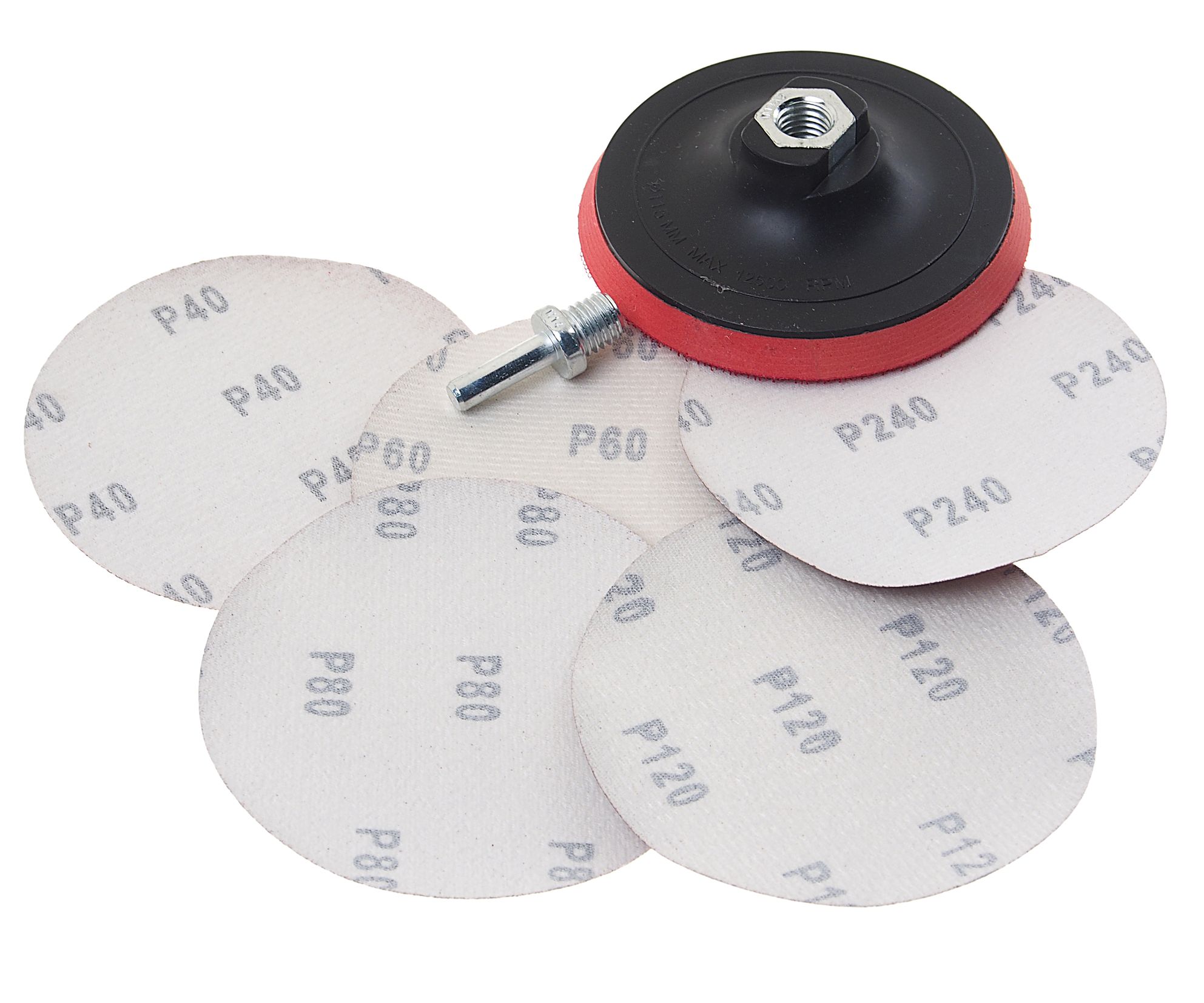 m0001041839_2.resize1 Тарелка опорная для УШМ в комплекте с кругами шлифовальными самоцепляющимися, 7пр.(115мм, М14+адаптер для дрели,Р40/60/80/120/240) ROCKFORCE /1 — изображение 1