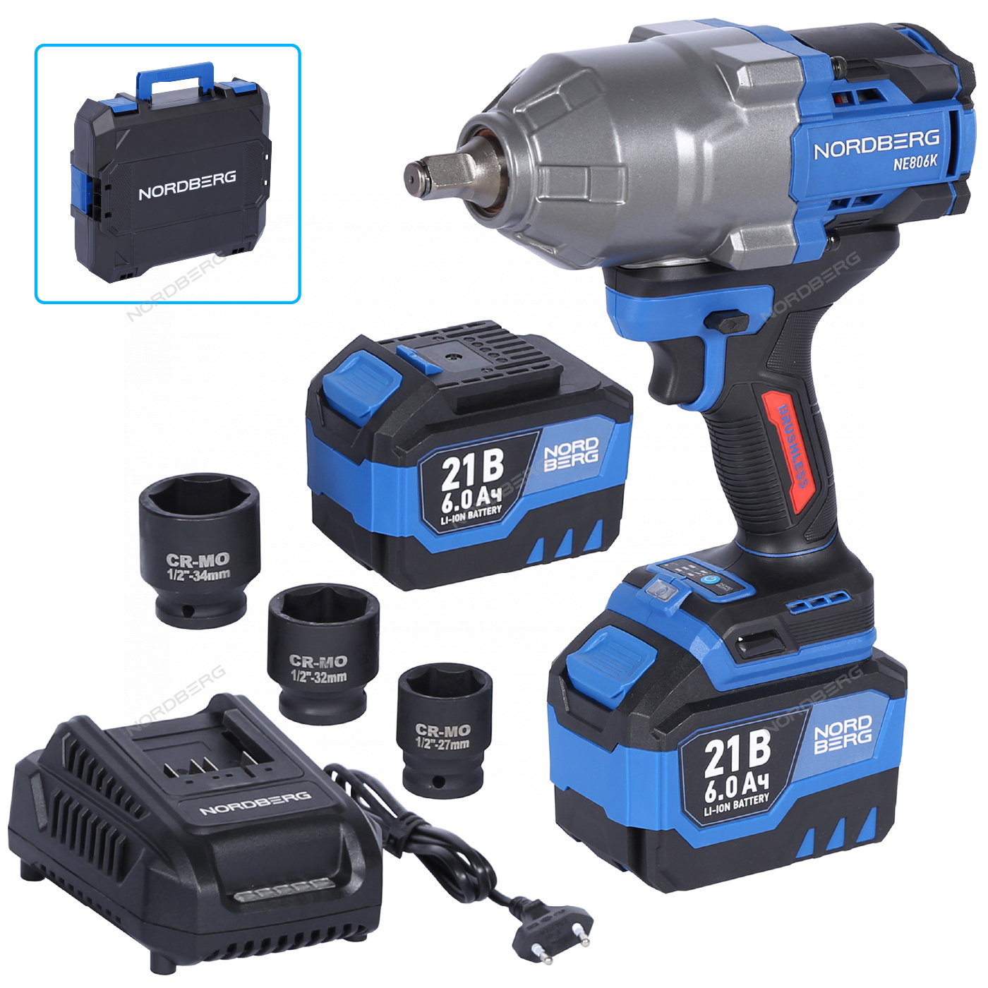 tecab8mbsl7iz95oxe35h087s1kd8qpb Гайковерт аккумуляторный, 1/2", 21 В, 1500 Нм, 2 аккумулятора 6 A и зарядное устройство, в кейсе NORDBERG NE806K-1/2 — изображение 1