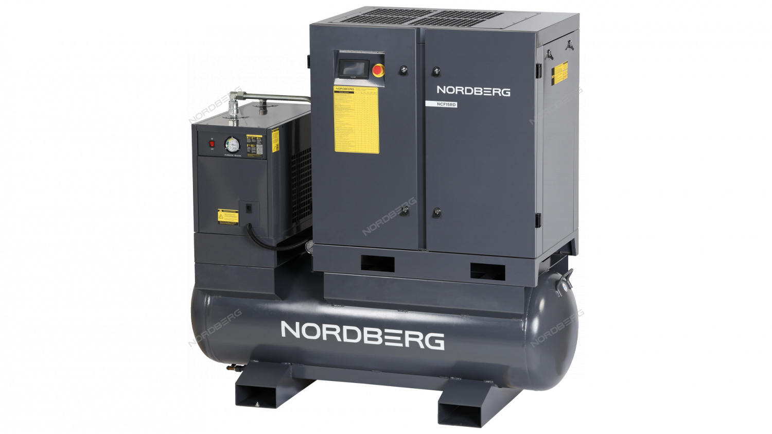 v5fbe9i63f82an8iy49ivktogumvpdtp Компрессор винтовой, 11 кВт, 10 бар, 1550 л/мин, ресивер 410 л, с частотным преобраз., осушитель NORDBERG NCF15RD — изображение 1