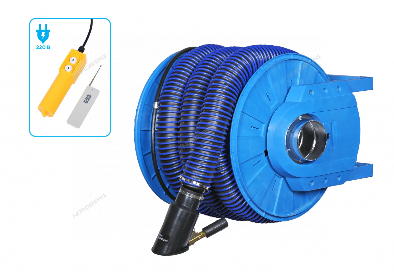wkxdsp34w946kuvf780by1rhdfha0p0v Катушка для сбора выхлопных газов с автоматическим приводом со шлангом L=8 м, D=100 мм и насадкой NORDBERG HRF8100E-KIT — изображение 1